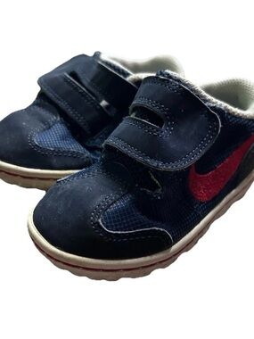 Toddler Boy Navy Blue Nike Sneakers Red Logo Easy Off & On Size 5